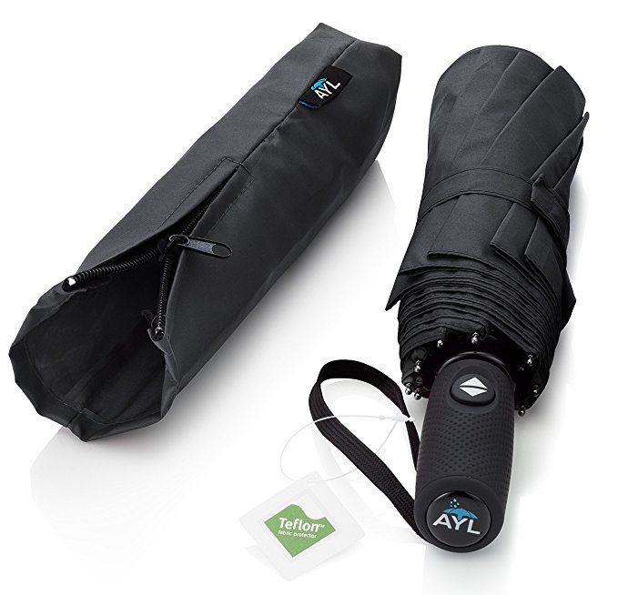 AYL Windproof Travel Umbrella with Teflon Coating and Zipper Pouch