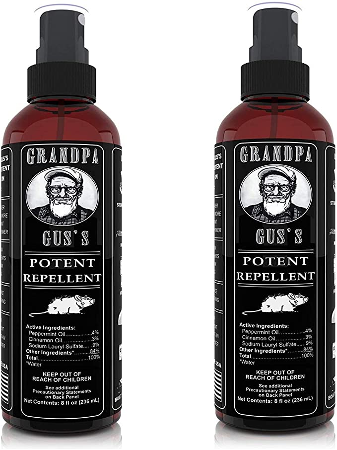 Grandpa Gus's Mouse Rodent Repellent; Peppermint & Cinnamon Oil Formula, Non-Toxic, Safely Repels Mice/Rats from Nesting, Chewing in Homes/RV, Boat/Car, Storage & Wiring (8 Oz RTU Spray (2 Bottles))