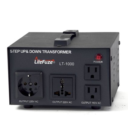 LiteFuze LT-1000 1000 Watt Heavy Duty Voltage Converter Transformer - Step UpDown 110120220240V - Patented Universal Output Socket