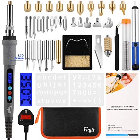 Fuyit LCD Wood Burning Kit 42Pcs Pyrography Thermostatic Digital-Controlled Pen Set Wood Craft Tools for Wood Burning/Soldering/Carving/Embossing Adjustable Temperature 180°C- 480°C