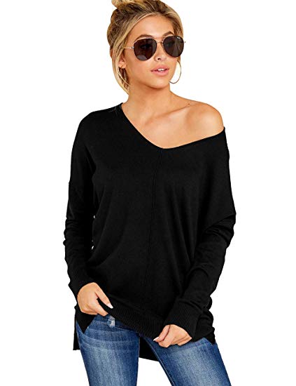 Romanstii Women's V Neck Pullover Sweater Long Sleeve Casual Loose Knit Sweater(S-2XL)