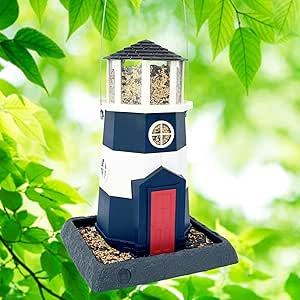 North States Village Collection Large Nautical Lighthouse Bird Feeder: Easy Fill. Hanging or Pole Mount. Bird Feeders for Outdoors. Made in USA. 8 lb. Seed Capacity (9.5" x 10.25" x 14.5", Navy/Red)