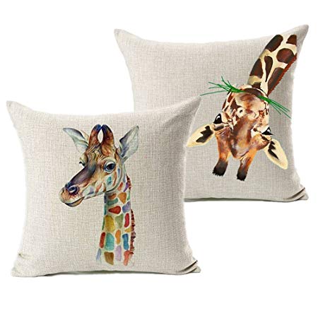 Foozoup Christmas Nordic Watercolor Giraffe Animal Style Cotton Linen Home Decorative Throw Pillow Case Cushion Cover for Couch 18 x 18 Inch