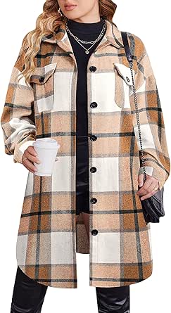 Zeagoo Womens Plus Size Flannel Plaid Button Down Shirts Long Sleeve Lounge Lapel Tartan Shacket Jacket Long Coats 2024