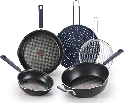 T-fal B210S574 All In One Stackable 5 Pcs Pan Set, Cookware Set, Titanium Nonstick, Multi-Functional, Black