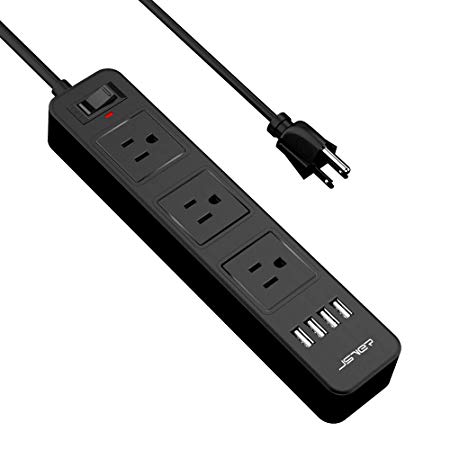 JSVER Power Strip Surge Protector with 4 USB 3 AC Outlet and 6.56ft Extension Power Cord, Overload Protection Switch Control for Home, Office and Travel