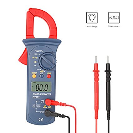 Digital Clamp Meter, Jellas DT-202 Digital Multimeter TRMS 2000 Counts Auto-Ranging Clamp Meter AC/DC Voltage, AC Current, Resistance, Diode, Ground and Continuity Tester.