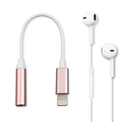iPhone 7/7 Plus Earphone Adapter, Lightning to 3.5mm Audio Jack Adapter Converter with Complimentary Headphones (Rose Gold)