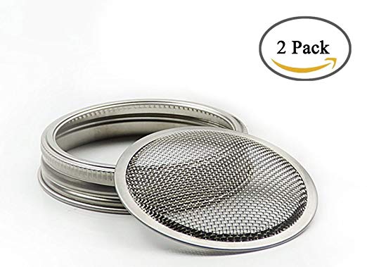 Jillmo Brand Sprouting Lids -- 2 Pack Stainless Steel Ring with 2 Pack Curved Mesh Strainer for Superb Ventilation - Use Wide Mouth Mason Jars for Seed Sprouting(Jar not Inculde)