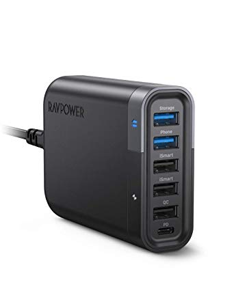 USB Charging Station, RAVPower 60W 6-Port USB C Charger Filehub with 24W Power Delivery, Data Transfer and Backup, Quick Charge 3.0, iSmart Multiple Port, Data Transfer and Backup for Phone and Tablet