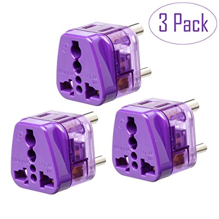 Yubi Power Universal Travel Plug Adapter for India and Africa - Type D - Dual Universal Plug-in Ports with Surge Protection - Purple - 3 Pack