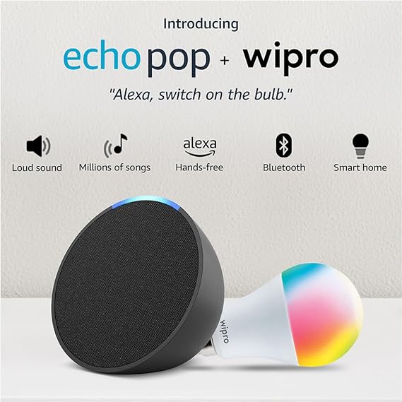 Echo Pop (Black) Combo with Wipro 9W LED Smart Color Bulb