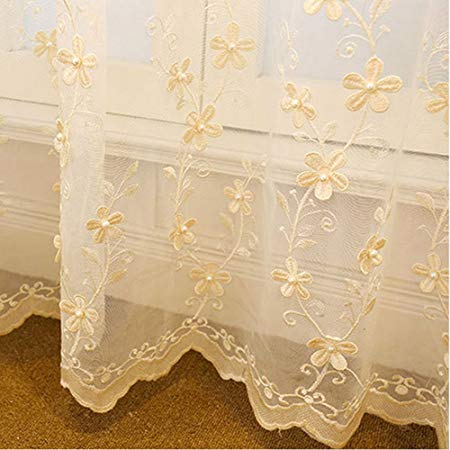 AiFish Rod Pocket Embroidered Pearls Sheer Curtains Home Decoration Living Room Foral Lace Window Curtain Drape Tulle Voile Panel Curtains for Bedroom 1 Panel 52 Inch Width by 96 Inch Length Beige