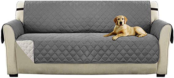 Reversible Sofa Cover for Extra-Wide Couch with Elastic Straps, Water Resistant Sofa Slipcover Furniture Protector Anti-Slip Foams Wide Couch Covers for Pets (XL Sofa: Gray/Beige)-86" x 132"