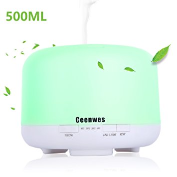Ceenwes Essential Oil Diffuser 500ML Aromatherapy Diffuser with 7 LED Color Light Changing Mute Design Aroma Diffuser 4 Timer Setting Cool Mist oil diffuser Waterless Auto Shut-off for Home Office