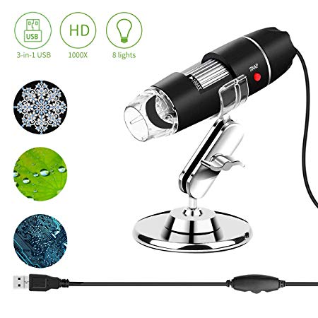 USB Digital Microscope, WIOR Kids Microscope 40 to 1000x Magnification Endoscope with 8 LEDs & Metal Stand Compatible with Mac Win 7/8/10 Android Linux Gifts for Birthday Christmas Halloween Holiday