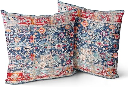 Snycler Boho Pillow Covers 22x22 inch Set of 2 Bohemian Carpet Throw Pillows For Couch Navy Blue Red Geometric Floral Decorative Pillow Cases Farmhouse Home Decor For Sofa Porch Patio Bed Room Outdoor