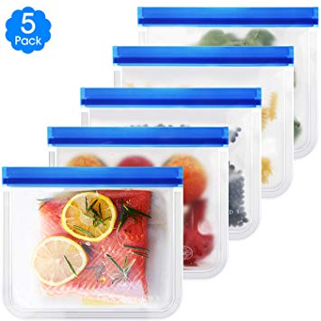 5 pack Reusable food Storage Bags - Reusable Sandwich Bags FDA Grade Freezer Ziplock Lunch Bags for Food Marinate Meat Fruit Cereal