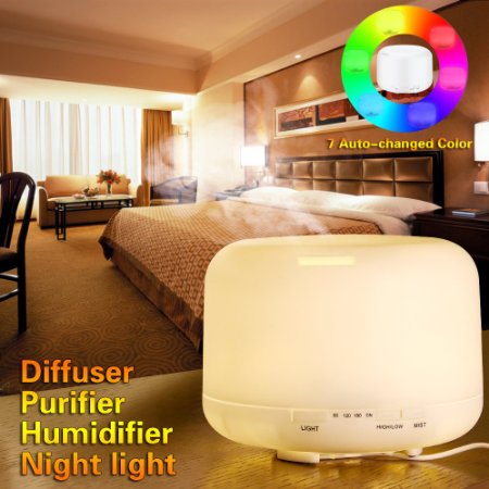 BASSTOP 500ml Oil Diffuser Ultrasonic Air Humidifier with 4 Timer Settings 7 LED Color Changing Lamps, 10 Hours for Home, Office, Bedroom Room, Beauty Salon, Hospital and More