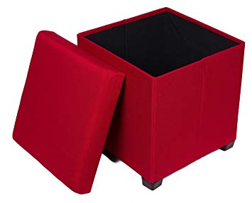 BIRDROCK HOME Folding Storage Ottoman with Legs | Upholstered | 16 x 16 | Linen | Strong and Sturdy | Quick and Easy Assembly | Foot Stool | Red