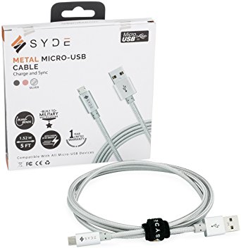SYDE METAL Micro USB Cable 2.0 (5ft) - Reinforced, Quick Charge 3.0 Compatible, Premium, Military-Grade, Double-Nylon Braided, rapid charger for Samsung, Nexus, Motorola, Android (Silver)
