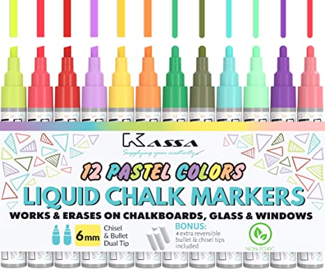 Kassa Liquid Chalk Markers for Blackboards (12 Pastel Colors) - Erasable Chalkboard Pens work on Glass, Window, Black Board, Mirror - Include Reversible Chisel & Bullet Tip - Dustless & Non-Toxic Ink