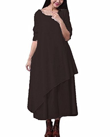 ZANZEA Women Vintage Round Neck Two-layer A-line Loose Cotton Linen Long Dress