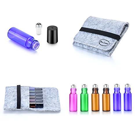 Refillable 5ML Rollon Bottle Set Include 6 Piece Roller Ball Bottle Portbale Case and Oil Key Tool (5ML, Mix)
