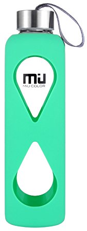 18oz Glass Water Bottle MIUCOLOR - Anti-slip Silicone Sleeve with Eco-friendly Borosilicate Glass Bottle, BPA, PVC, Plastic and Lead Free, Tiffany Blue, Rational Grey, Violet, Blue, Green, Red