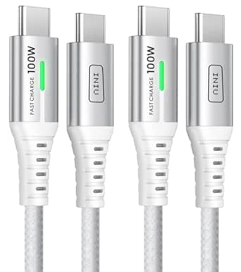 INIU C to C Fast Charging Cable, 2-Pack [3.3ft, White] Type C Charger Cord for Samsung Galaxy S24 Ultra S23 S10 S9 iPhone 15 Pro Max, MacBook Air, iPad Pro, and More