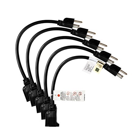 Etekcity 5 Pack Power Extension Cord Cable, 16AWG 13A, UL Listed (Black, 1 Foot)