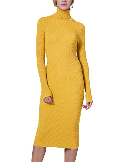 Rocorose Women's Turtleneck Ribbed Elbow Long Sleeve Knit Sweater Dress