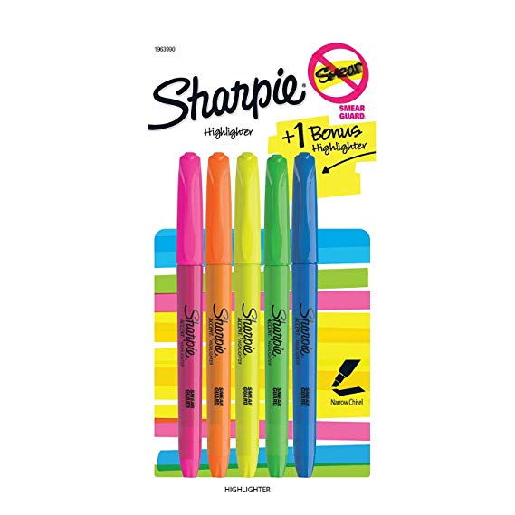 Value 5 Pack Sharpie Assorted Highlighters, Narrow Chisel Tip, 5 Per Pack, Pink, Orange, Yellow, Green and Blue (1963990)