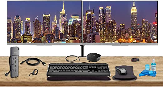 HP Home Office Bundle with 2 x E243 24" Monitors (HDMI, DisplayPort) USB-C Dock - Dual Monitor Stand - Wireless Keyboard and Mouse, Gel Wrist Pad - Surge Protector - 32GB USB Drive and More