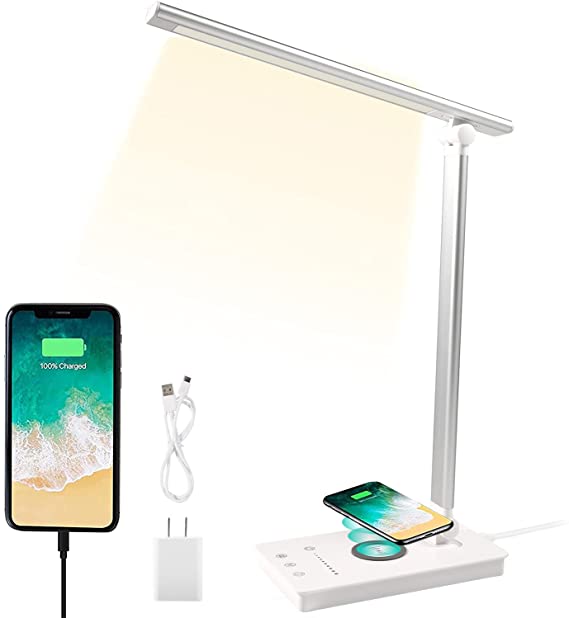 LED Desk Lamp with Wireless Charger, HaiZR Eye-Caring Table Lamps with USB Charging Port, 5 Modes, 10 Brightness Levels, Touch Control, 30/60 min Auto Timer, Adjustable Table lamp for Office,Home, Reading, Studying, Working (White )