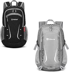 ZOMAKE Lightweight Packable Backpack 20/35L - Foldable Backpack Small Daypack Hiking Backpack Water-Resistant Day Bag for Travel(Black&Silver Grey)