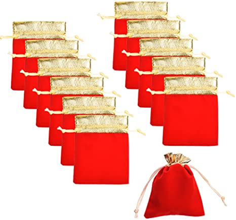 COSMOS Pack of 12 Golden Tone Color Trim Party Wedding Favor Velvet Cloth Drawstring Gift Bag Jewelry Pouch, 4 x 4 Inches