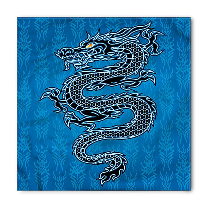 Japanese Dragon Bandana by Ambesonne, Black Dragon on Blue Tribal Background Year of the Dragon Themed Art, Printed Unisex Bandana Head and Neck Tie Scarf Headband, 22 X 22 Inches, Blue Black White