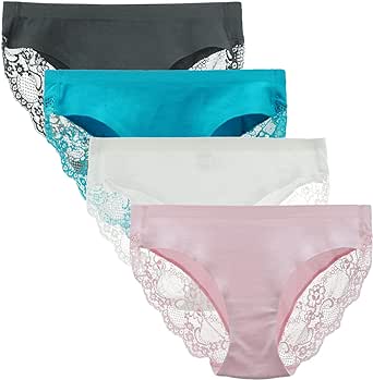 LIQQY Women's 4 Pack Low Rise Cotton Lace Coverage Bikini Panties Underwear