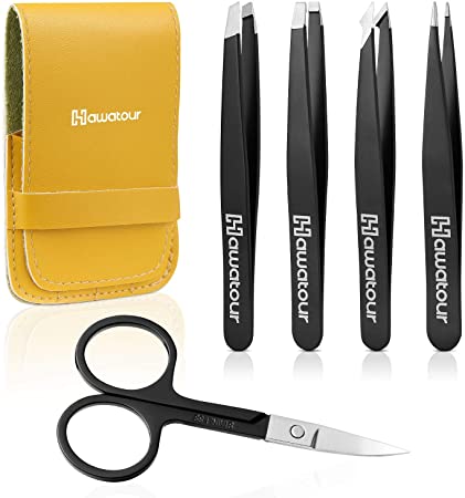 Tweezers Set, 4Pcs Eyebrows Tweezers and a Pair of Scissor with Leather Case, Great Precision for Eyebrow, Ingrown Hair, Splinter, Facial Hair Removal By HAWATOUR - Black