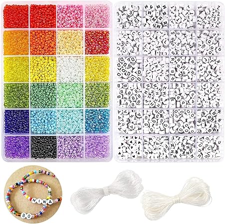 DICOBD 10800pcs 3mm 8/0 Glass Seed Beads Craft Beads Kit and 1200pcs Letter Alphabet Beads for Friendship Bracelets Jewelry Making Necklaces and Key Chains with 2 Rolls of Cord