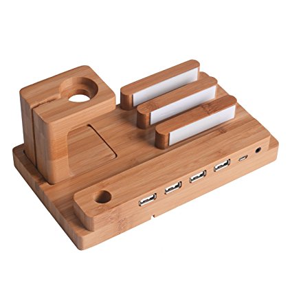 TechKen Bamboo Wood USB Charging Dock Station for Apple Watch Together With Holder Cradle Stand for iPhone iWatch iPad Universal Smartphones and Tablets