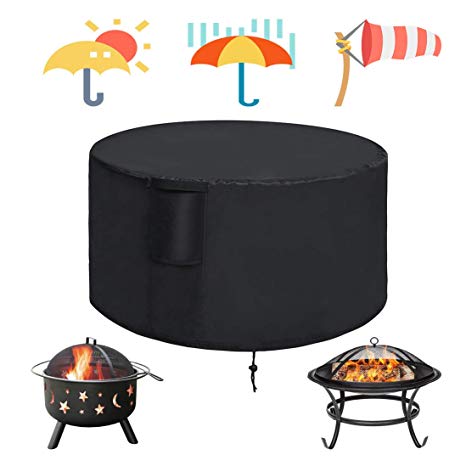 Kasla 32 inch Patio Round Fire Pit Cover - Heavy Duty Waterproof Windproof Outdoor Table Cover