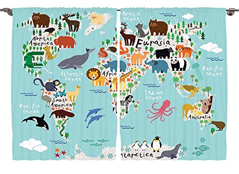 Ambesonne Girls Boys Baby Room Classroom Decor Collection, Educational World Map Africa Camel America Lama Allegator Ocean, Window Treatments for Kids Bedroom Curtain 2 Panels Set, 108X84 Inches