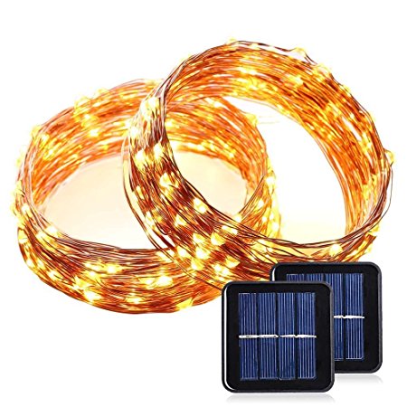 Qedertek 2 Pack Christmas Solar String Lights, 33ft 100 LED Warm White Fairy Starry Copper Wire String lights for Outdoor, Garden, Home, Patio, Wedding and Party Decorations