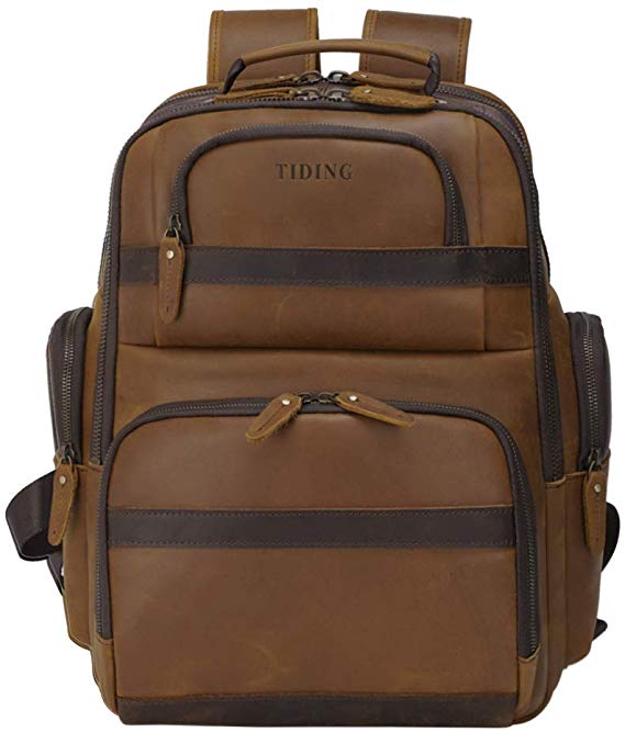 Tiding Men's Leather Backpack Vintage 15.6 Inch Laptop Bag Large Capacity Business Travel Hiking Shoulder Daypacks with USB Charging Port & YKK Zipper