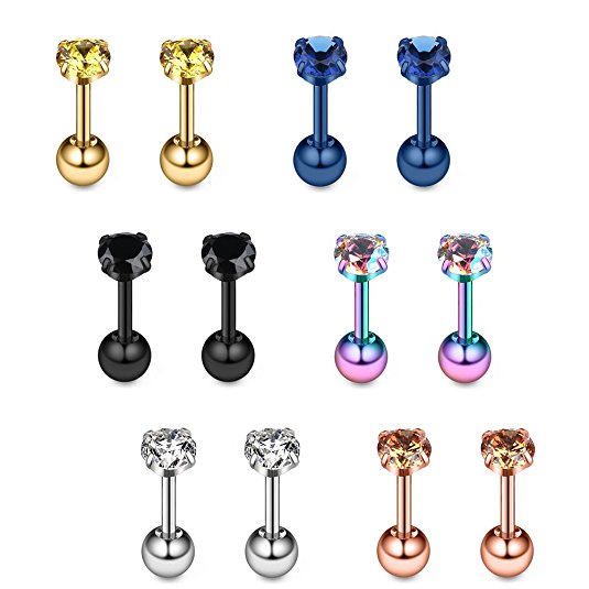 Ruifan 18G Stainless Steel Mix Color Cubic Zirconia Tragus Earrings For Women Helix Earring Stud Body Jewelry Piercing Set 4-8mm 6Pairs