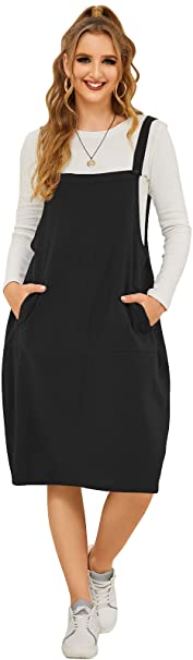 FLORHO Women Casual Spaghetti Strap Overalls Loose Jumper Dress with Side Pocket