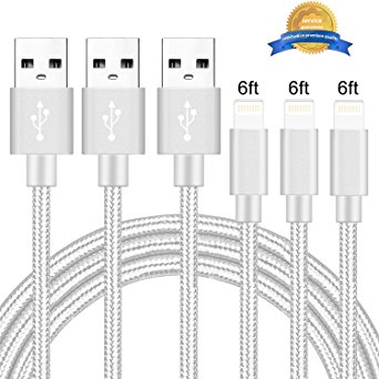 Ulimag Lightning Cable 3Pack 6FT Nylon Braided Certified iPhone Cable - USB Cord Charging Charger for Apple iPhone 7, 7 Plus, 6, 6s, 6 , 5, 5c, 5s, SE, iPad, iPod Nano, iPod Touch - (Silver)