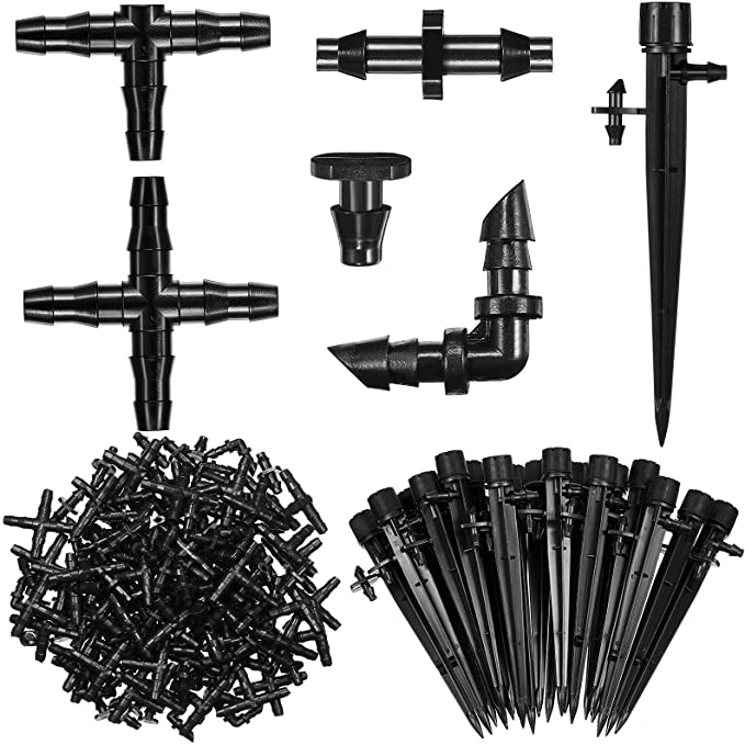 Outus 225 Irrigation Fittings Kit Drip Irrigation Barbed Connector Include 80 Straight Barb 60 Tees 20 Elbows 20 End Plug 20 4-Way Coupling and 25 Adjustable Water Flow Dripper for Tube (Black)